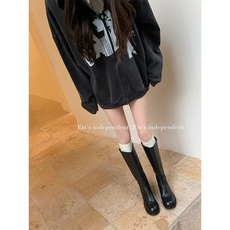 Karin Luna Basic Versatile Style Round Toe Chunky Heel Long Boots