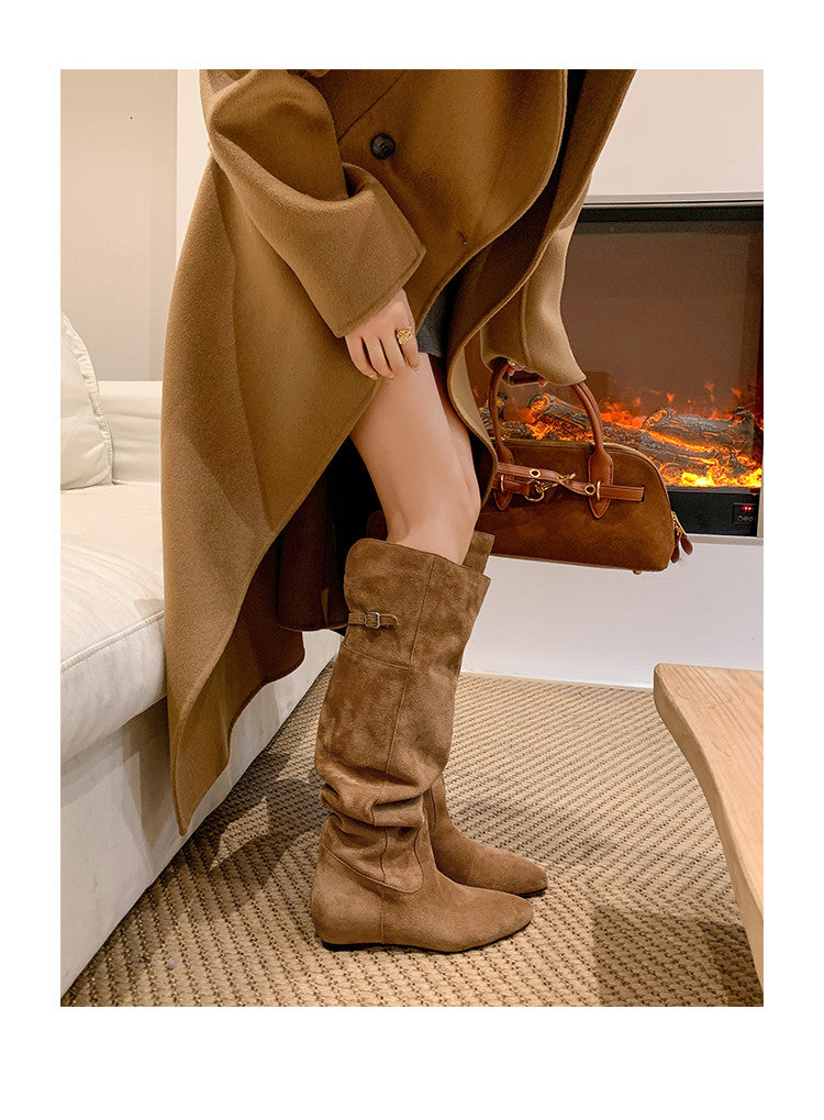 Karin Luna In Stock Spot Goods Vintage Cowhide Leather Two-Way Wear Pointed Toe Height-Increasing Long Boots