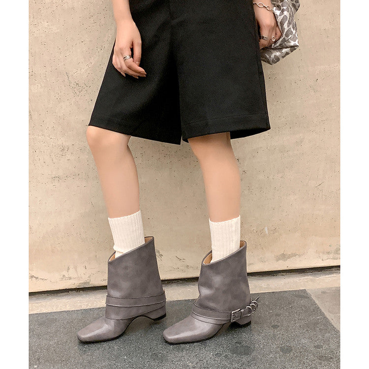 Karin Luna Data Hot Item Square Toe Hidden Wedge Belt Buckle Suede Ankle Boots