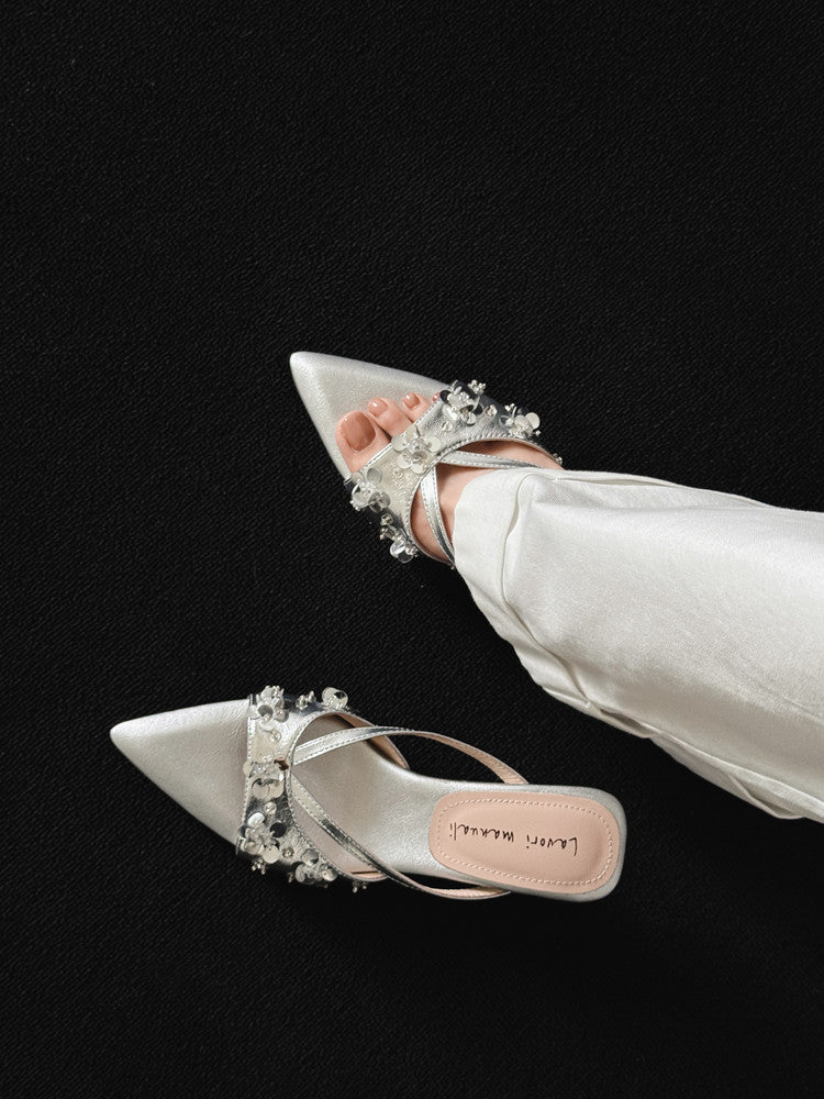 Karin Luna Bestseller Sequin Elements Elegant Pointed Toe Irregular Heel Slippers