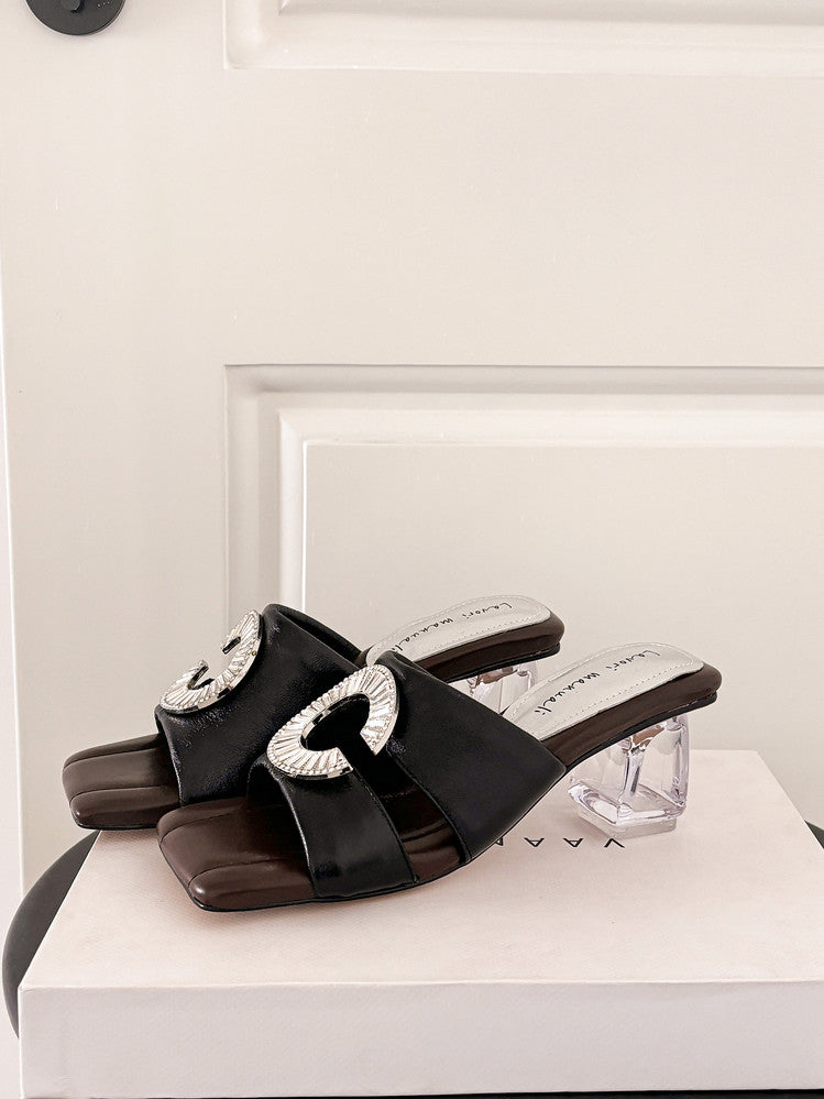 Karin Luna In Stock  Spot Goods  Large Rhinestone Square-Toed Crystal Heel Slippers