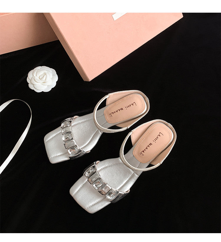 Karin Luna Bestseller Popular Rhinestone Ribbon Square Toe Slippers