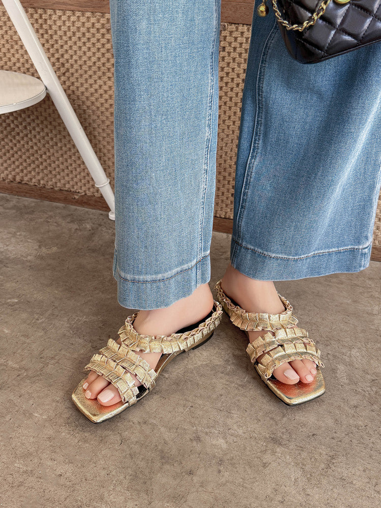 Karin Luna In Stock   Spot Goods  Niche Design Square-Toed Pleated Flat Slippers