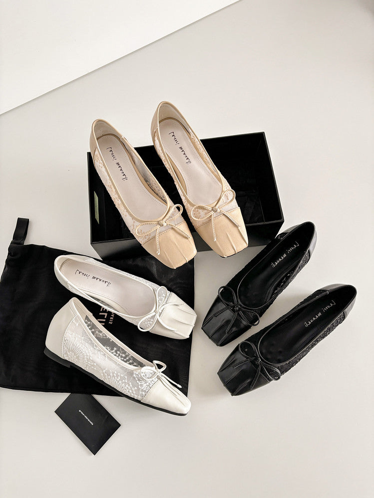 Karin Luna In Stock In Stock  Wrinkled Square Toe Patchwork Breathable Mesh Bow Granny Shoes