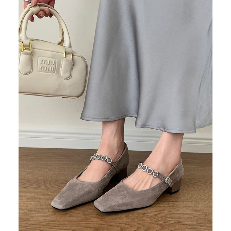 Karin Luna In Stock Spot Goods  Vintage Full Leather Square Toe Rhinestone Strap Shallow Mouth Single Shoes