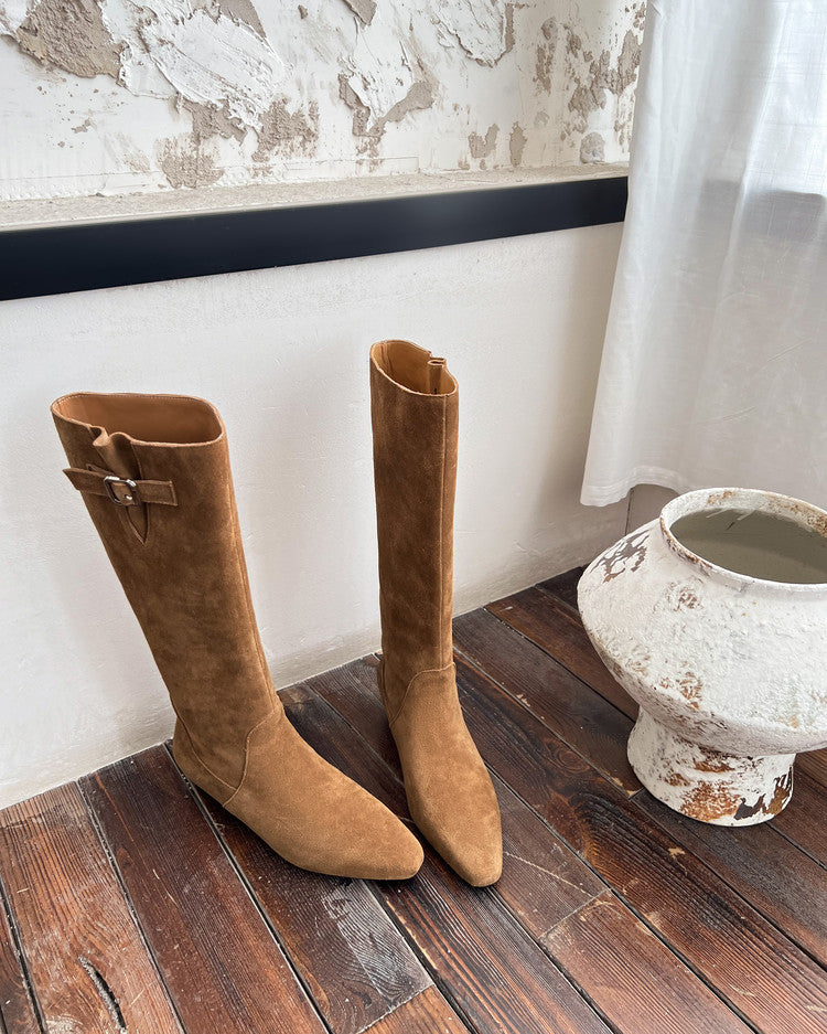 Karin Luna In Stock Spot Goods Vintage Cowhide Leather Chunky Heel Height Increasing Long Boots