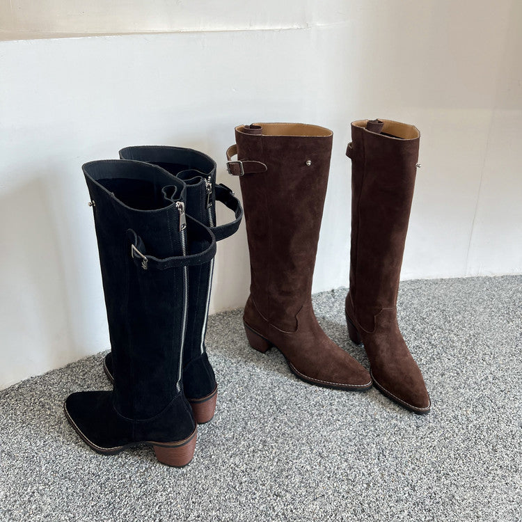Karin Luna In Stock Spot Goods Retro Cowhide Leather Chunky Heel Suede Long Boots