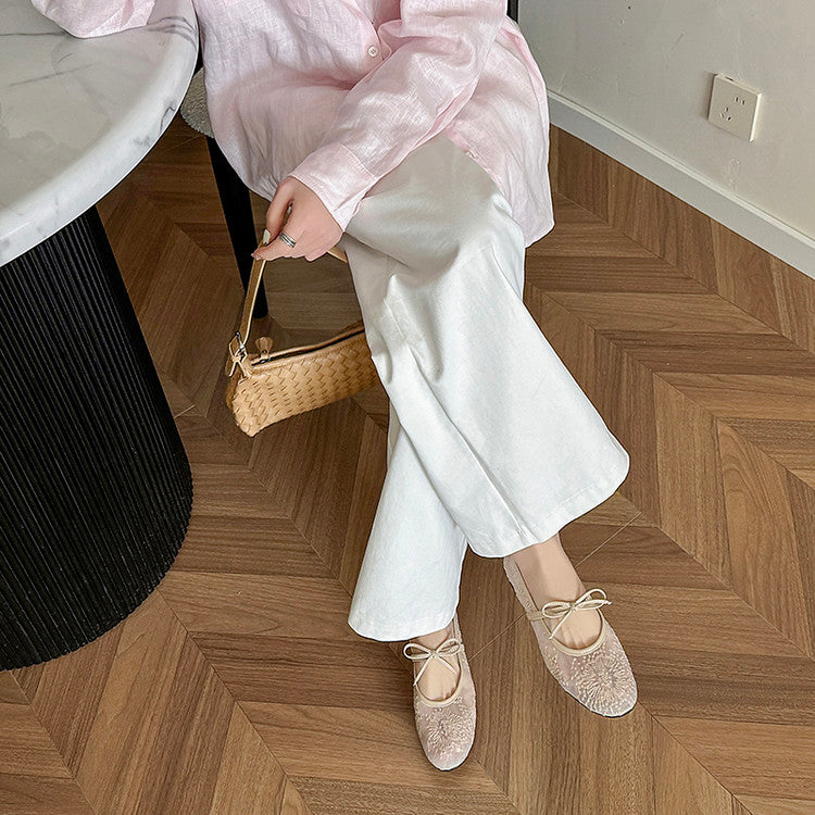 Karin Luna In Stock Spot Goods  Summer Breathable Retro Embroidered Bow Granny Shoes