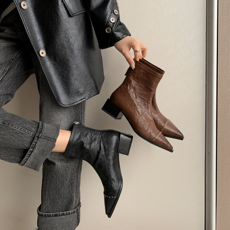 Karin Luna In Stock In Stock Slim Boots Series~Pointed Toe Rivet Slim Short Boots