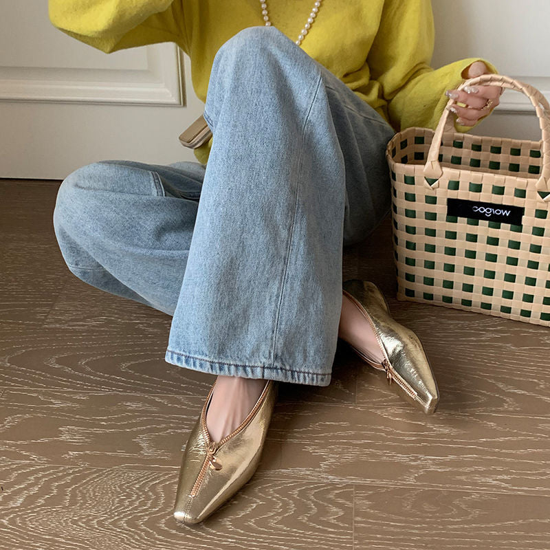 Karin Luna In Stock In Stock ~Basic Versatile Light Luxury Zipper Small Square Toe Flats