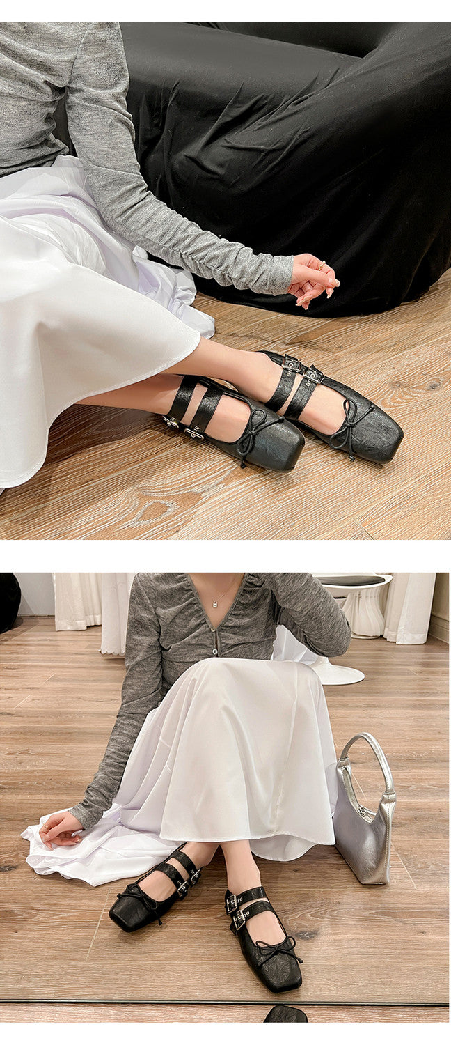 Karin Luna In Stock Spot Goods Sweet Bowknot Square Toe Hidden Wedge Strap Buckle Single Shoes