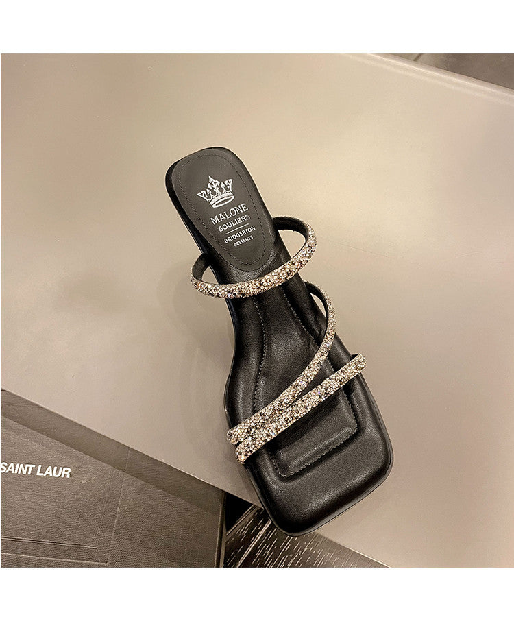 Karin Luna In Stock Spot Goods  Minimalist Versatile Square Toe Rhinestone Strap Open-Toe Sandals