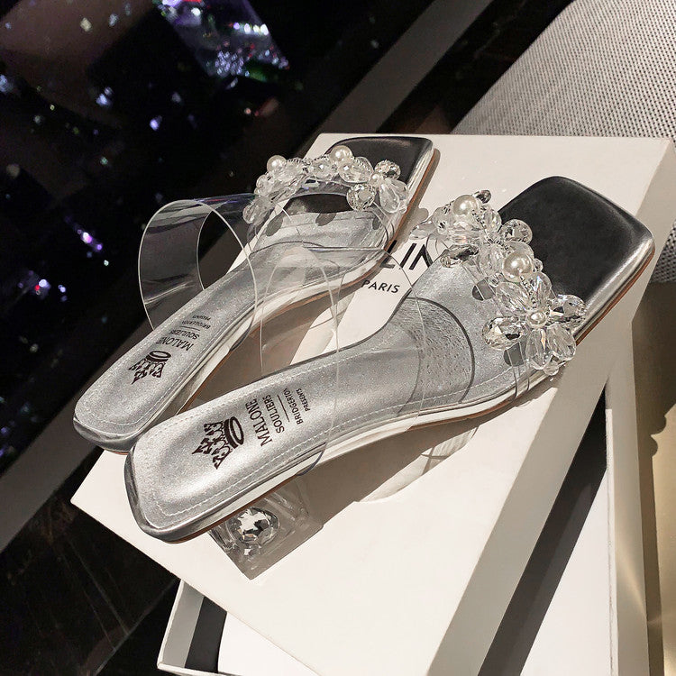 Karin Luna In Stock Spot Goods  Always in stock Square Toe Sweet Rhinestone Crystal Heel Slippers