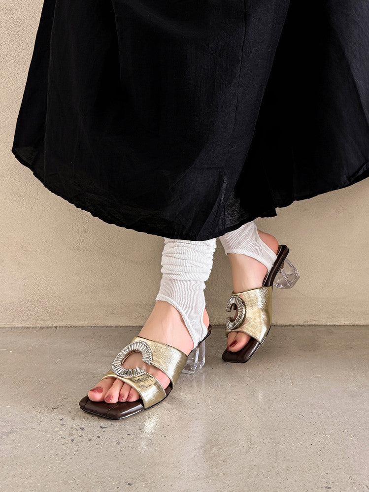 Karin Luna In Stock  Spot Goods  Large Rhinestone Square-Toed Crystal Heel Slippers