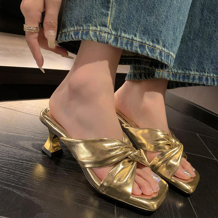 Karin Luna In Stock Spot Goods   Absolutely amazing4Color Cross Strap Thick Heel Square Toe Soft Slippers