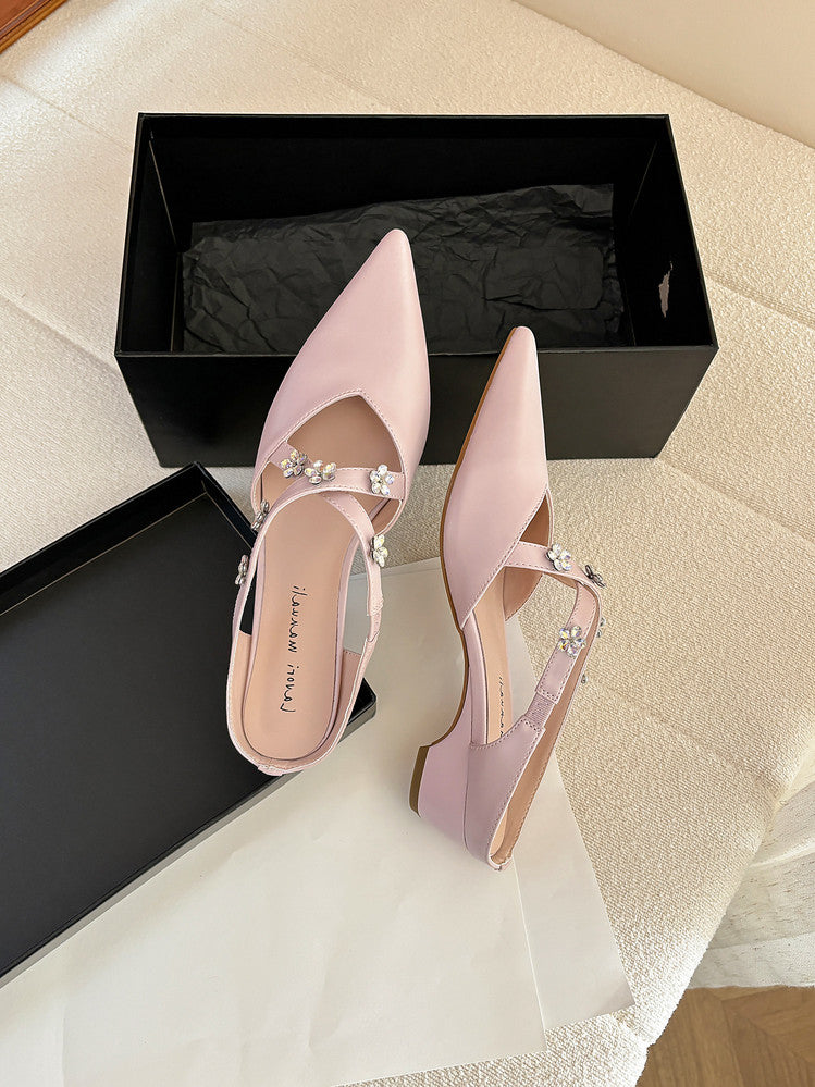 Karin Luna Elegant Pointed Toe Rhinestone Flower High Heel Mules