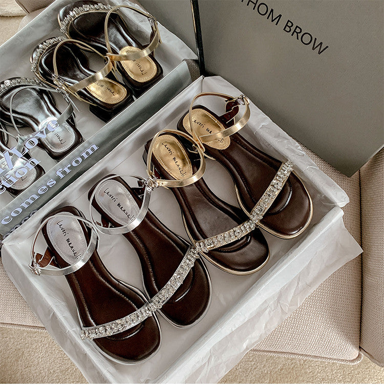 Karin Luna In Stock In Stock  Rhinestone Strap Round Toe Chunky Heel Sandals