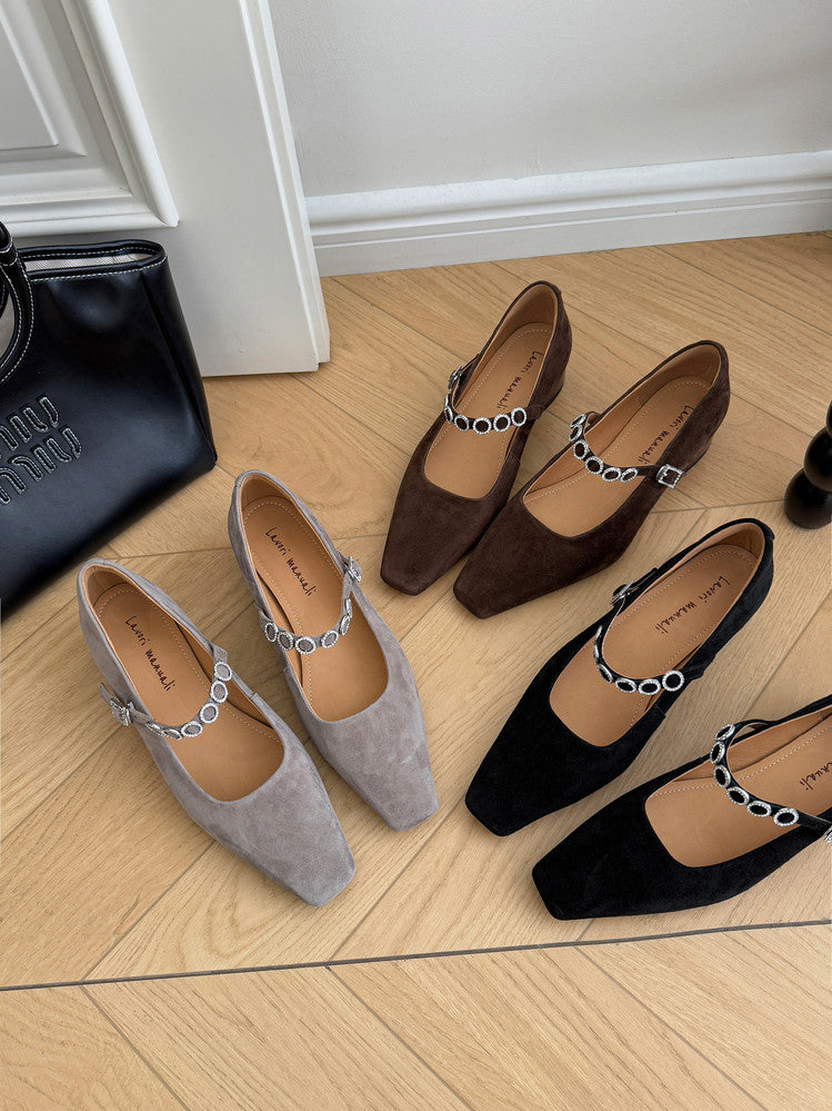 Karin Luna In Stock Spot Goods  Vintage Full Leather Square Toe Rhinestone Strap Shallow Mouth Single Shoes