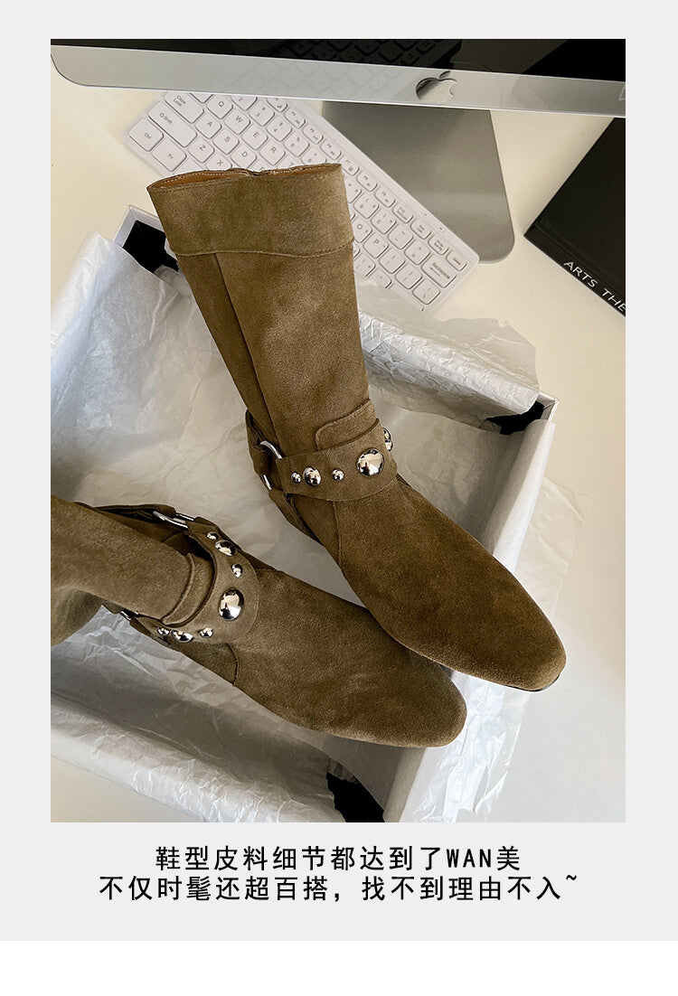 Karin Luna has prepared stock  Hot-Selling Retro Pointed Toe Wedge Metal Buckle High Tube Western Boots