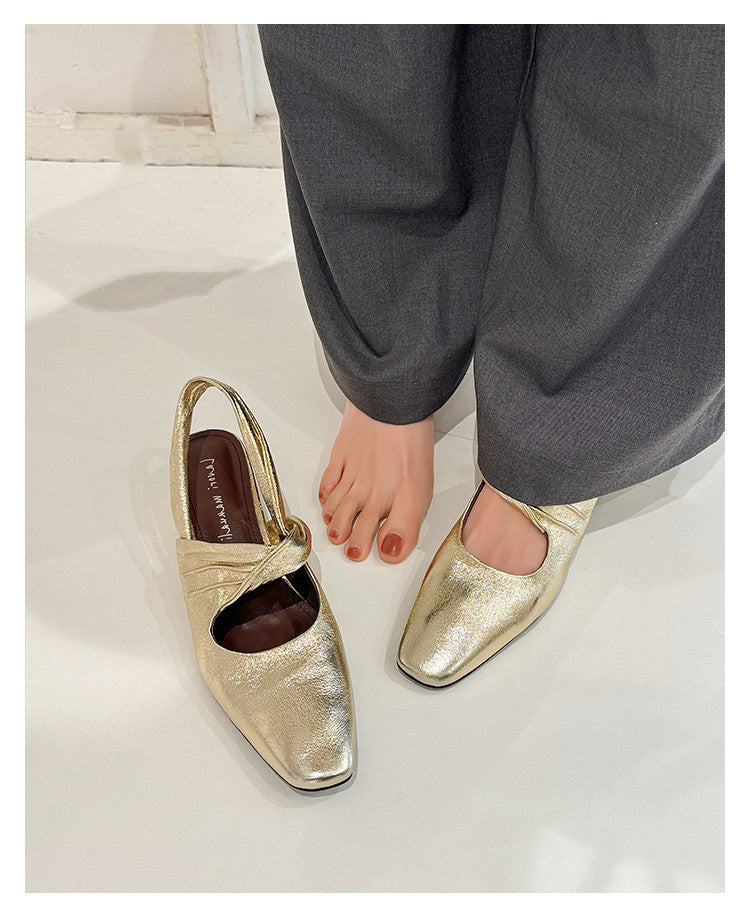 Karin Luna In Stock  Spot Goods Small Square Toe Wrinkled Chunky Heel Closed-Toe Sandals