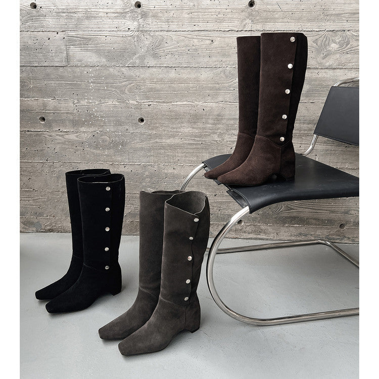 Karin Luna Bestseller Hot-Selling Hidden Buckle Lazy Style Square-Toe Height-Increasing Suede Western Boots