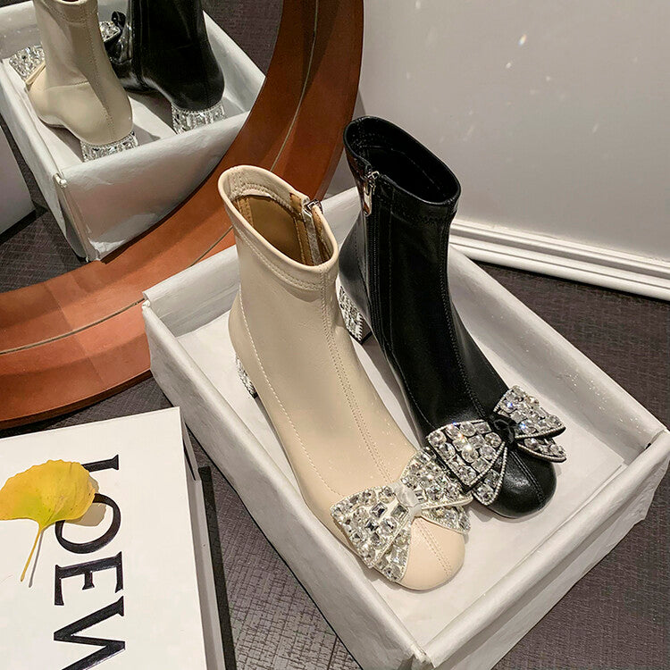 Karin Luna In Stock   Rhinestone Bow Thick Heel Slim Boots