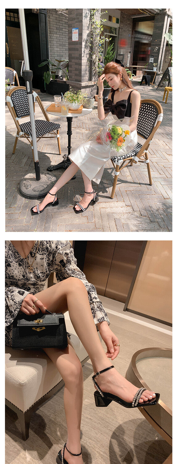 Karin Luna Classic Style   Rhinestone Strap Chunky Heel Open-Toe Sandals