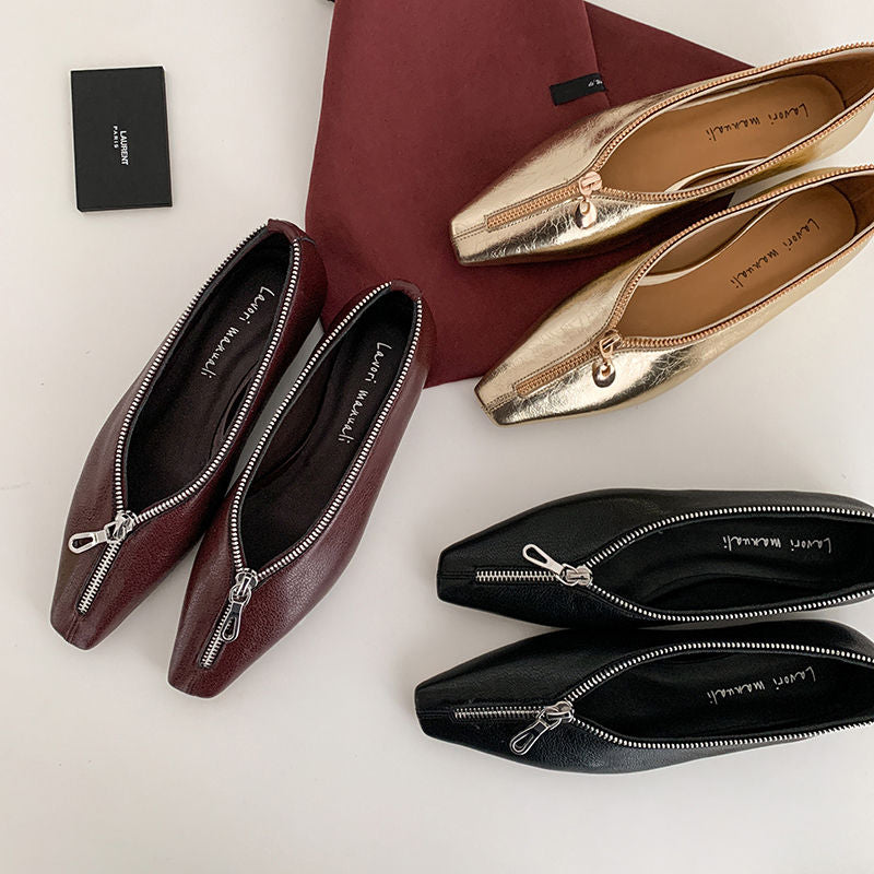 Karin Luna In Stock In Stock ~Basic Versatile Light Luxury Zipper Small Square Toe Flats