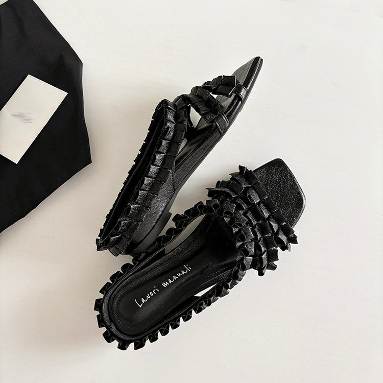 Karin Luna In Stock   Spot Goods  Niche Design Square-Toed Pleated Flat Slippers