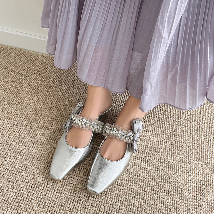 Karin Luna Handmade One-Strap Rhinestone Ribbon Square-Toe Mules
