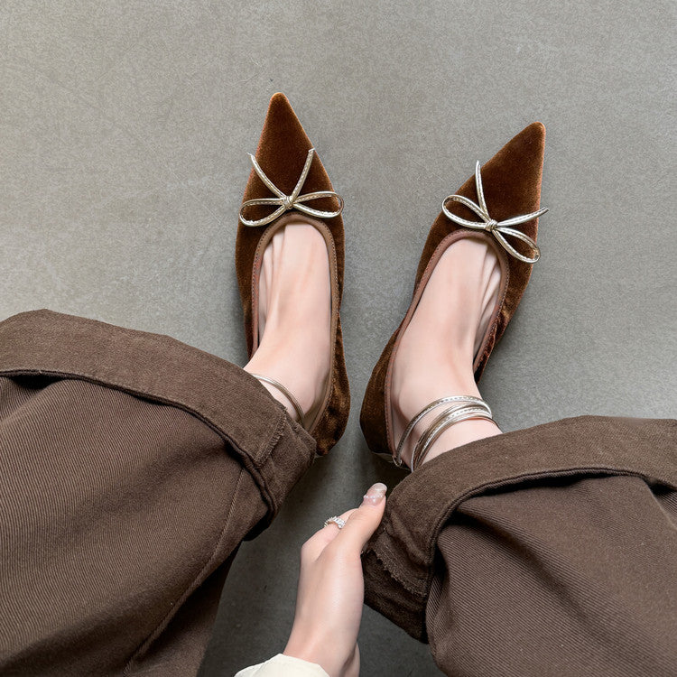 Karin Luna In Stock In Stock Retro Velvet Pointed Toe Bowknot Single Shoes