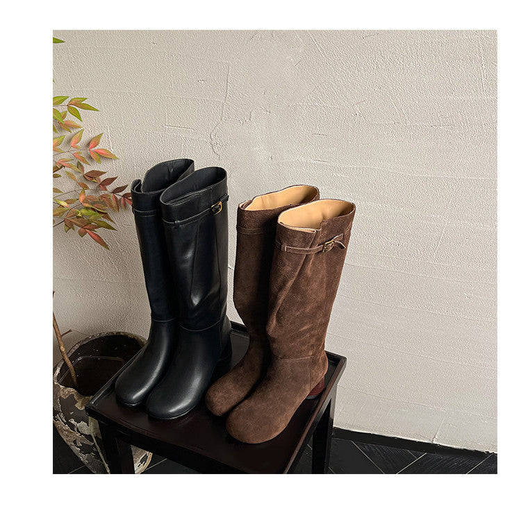 Karin Luna In Stock In Stock Mango Head Large Tube Belt Buckle Chunky Heel Long Boots