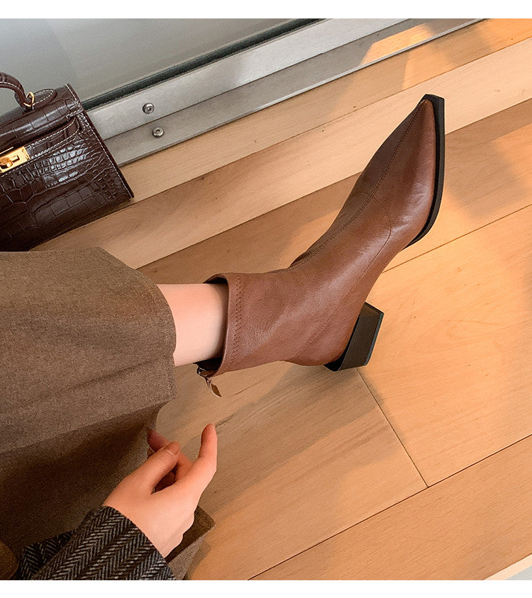 Karin Luna Elegant Style Pointed Toe Chunky Heel Short Boots