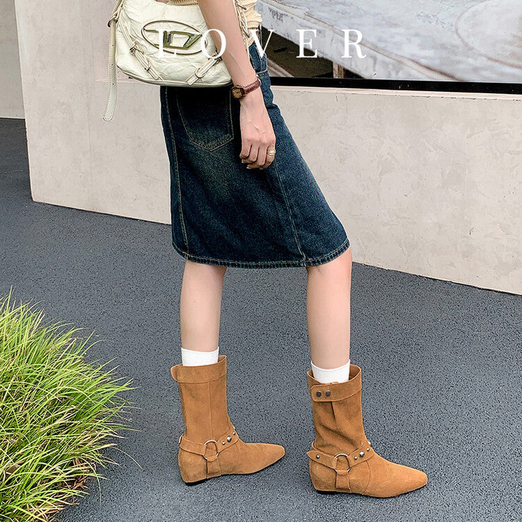 Karin Luna has prepared stock  Hot-Selling Retro Pointed Toe Wedge Metal Buckle High Tube Western Boots