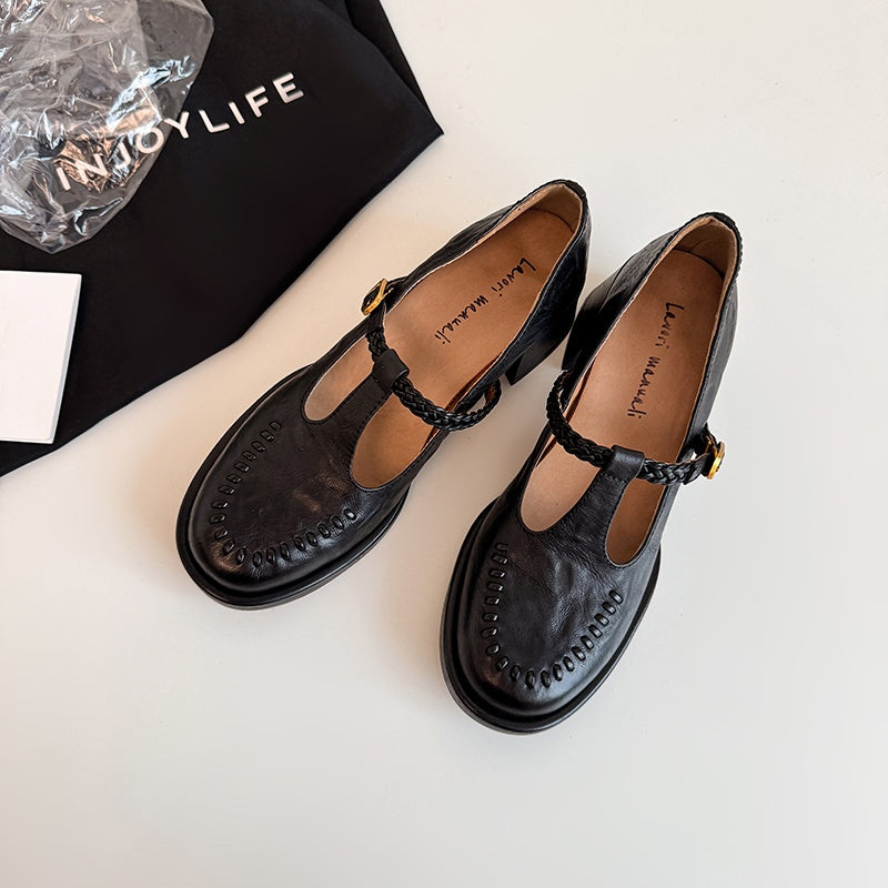 Karin Luna In Stock Spot Goods Vintage Braided Twist High Heels T Round Toe Thick Sole Single Shoes