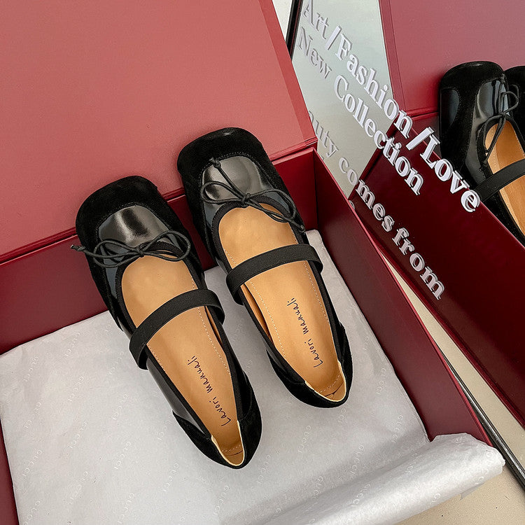 Karin Luna In Stock Spot Goods    Color Block Cowhide Leather Square Toe Slip-On Height Increasing Bowknot Flats