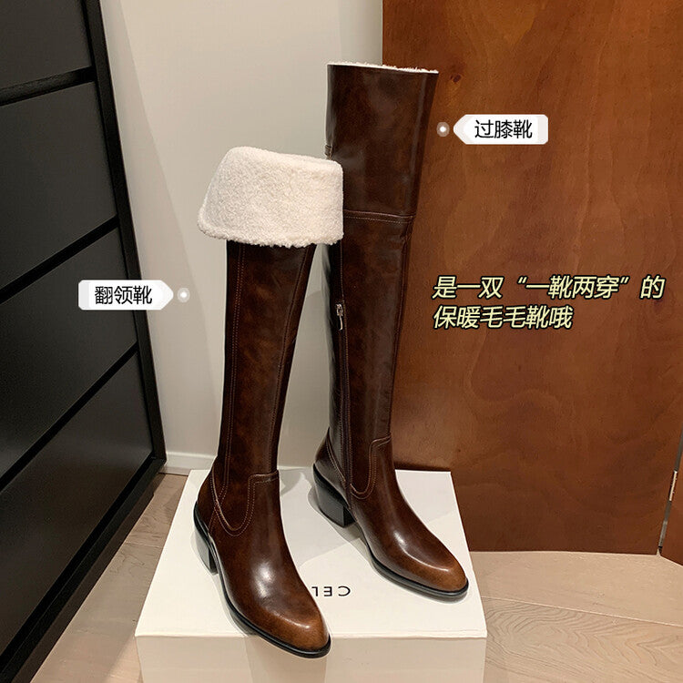 Karin Luna exploded  Three versions exploded Single Fleece Lining Fur Collar Version  Thick Fur Collar Foldable Hot-Selling Full Cowhide Pointed Toe Chunky Heel Classic Style