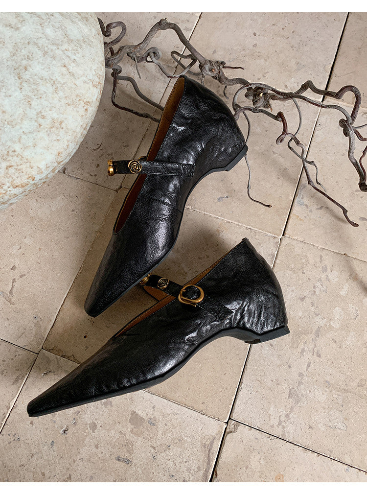 Karin Luna In Stock Spot Goods    Retro Classic Metal Camellia Irregular Heel Single Shoes