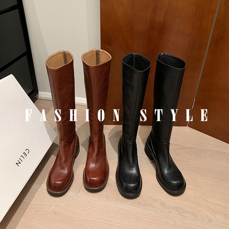 Karin Luna Basic Versatile Style Round Toe Chunky Heel Long Boots
