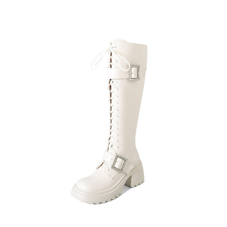 Karin Luna In Stock Spot Goods Bestselling Extended Version Rhinestone Square Buckle Thick Sole Lace-up Thick Sole Full Cowhide Knight Boots