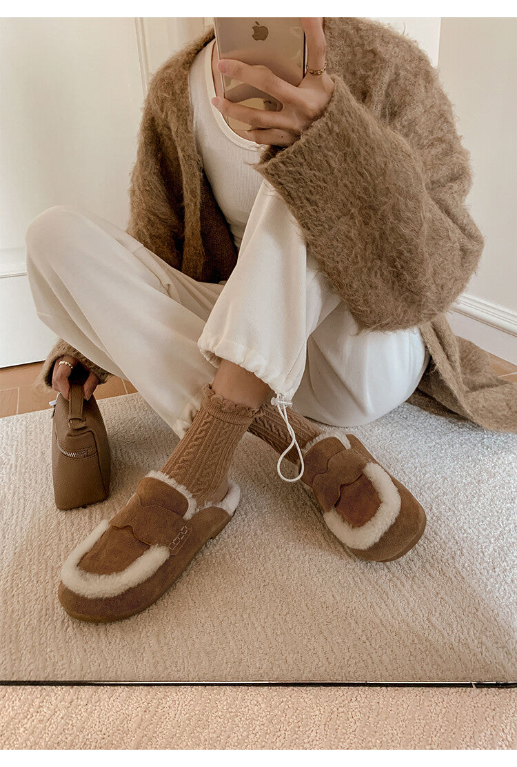 Karin Luna In Stock Look~This is such thick lamb wool Winter Atmosphere！Cowhide Leather Lamb Wool Round Toe Flat Sole Half Support！