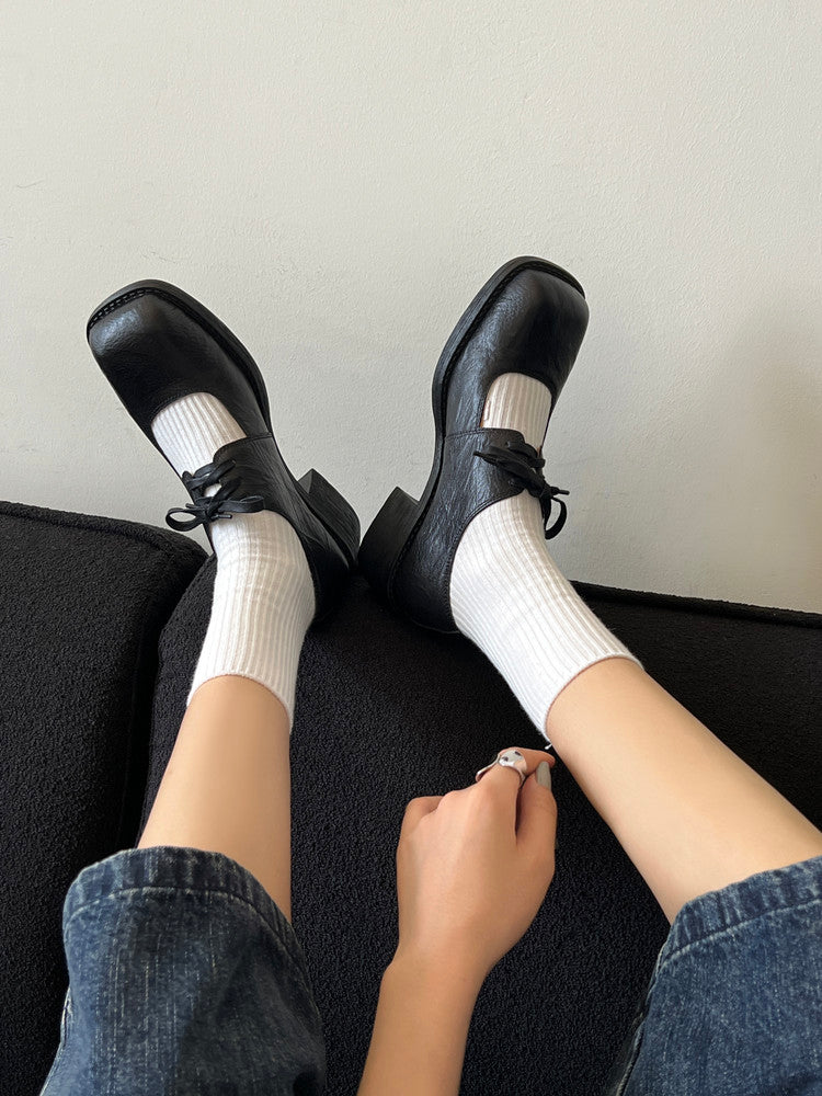 Karin Luna In Stock Spot Goods   Full leather inside and out Vegetable Tanned Hand-Grabbed Sheepskin Square-Toed Chunky Heel Single Shoes