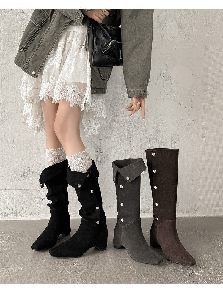Karin Luna Bestseller Hot-Selling Hidden Buckle Lazy Style Square-Toe Height-Increasing Suede Western Boots