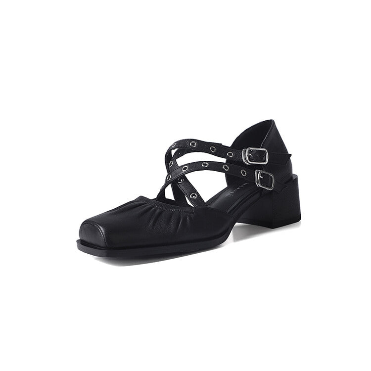 Karin Luna In Stock Spot Goods First Layer Sheepskin Cross Strap Rivet Square Toe Mary Jane Sandals
