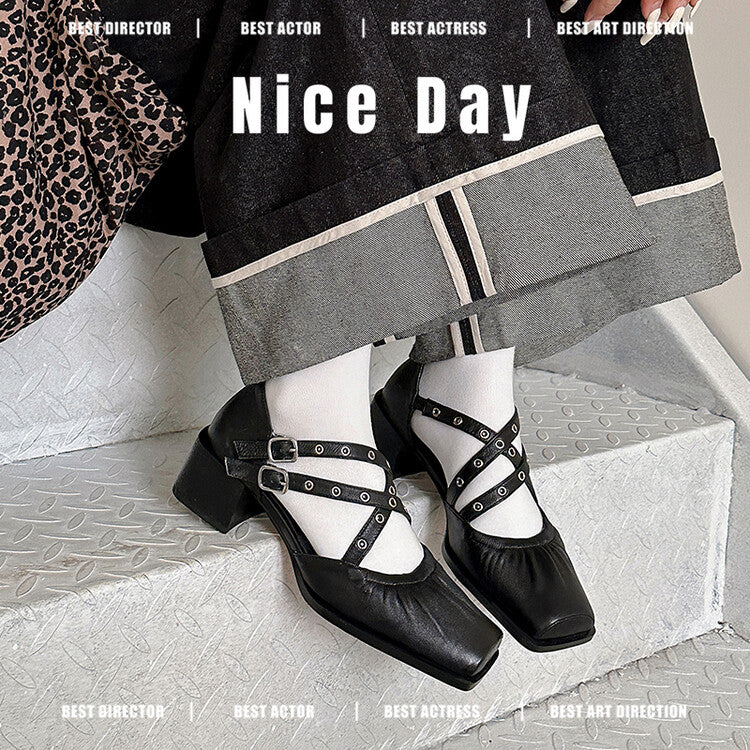 Karin Luna In Stock Spot Goods First Layer Sheepskin Cross Strap Rivet Square Toe Mary Jane Sandals