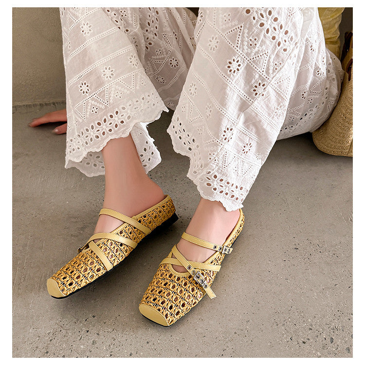 Karin Luna In Stock Spot Goods  Hot-Selling Square-Toe Woven Pig Nose Closed-Toe Slippers