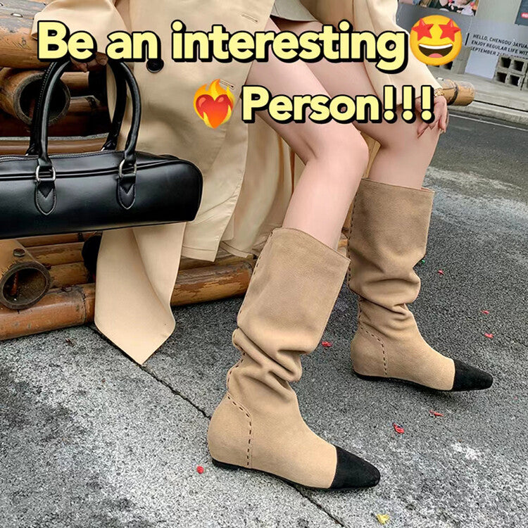 Karin Luna In Stock Spot Goods TikTok Live Hot Item Full Cowhide Leather Pointed Toe Retro Wedge Heel Stacked Boots