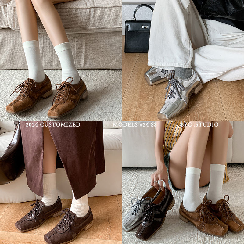 Karin Luna In Stock Spot Goods   Pig Nose Thin Strap Square Toe Patchwork Single Shoes