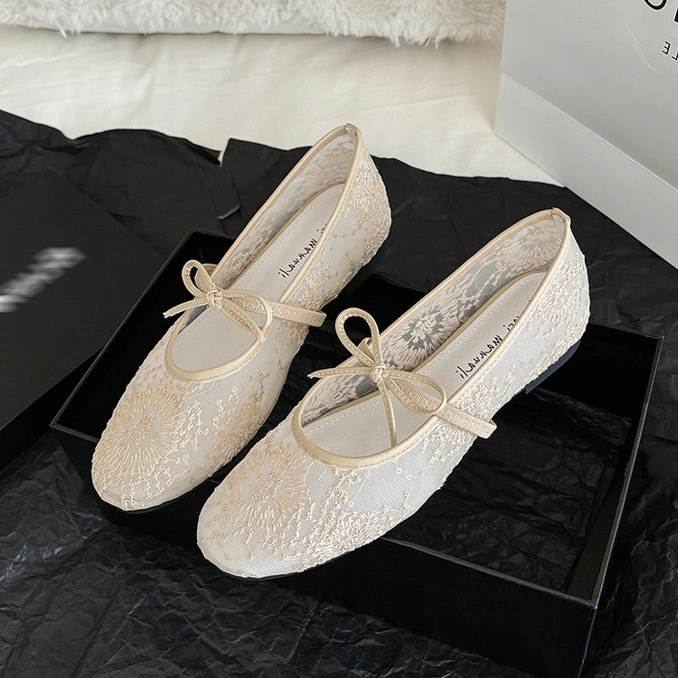 Karin Luna In Stock Spot Goods  Summer Breathable Retro Embroidered Bow Granny Shoes