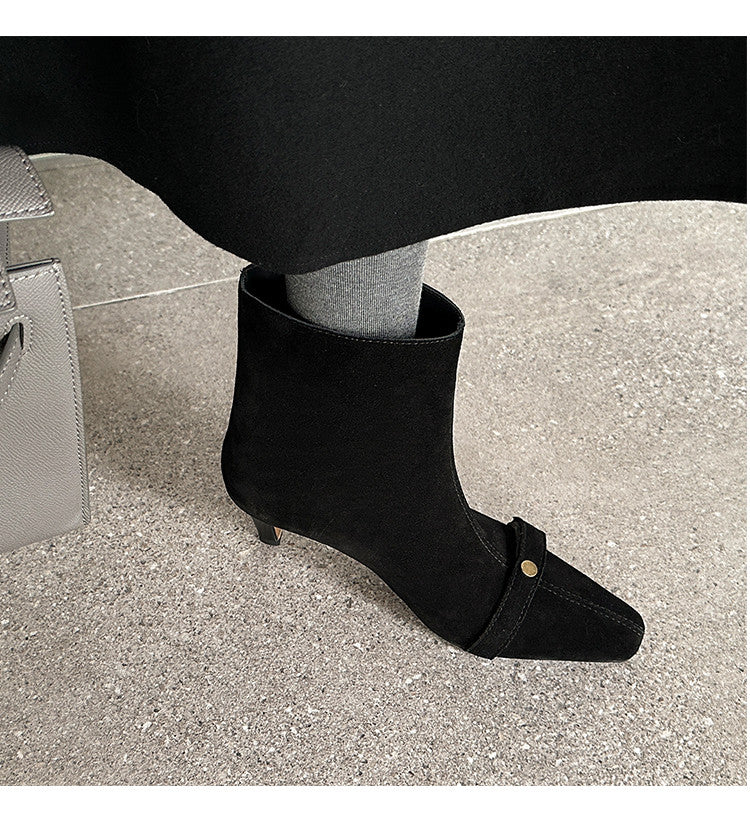Karin Luna Elegant Style Small Square Toe Belt Buckle Thin Heel Short Boots